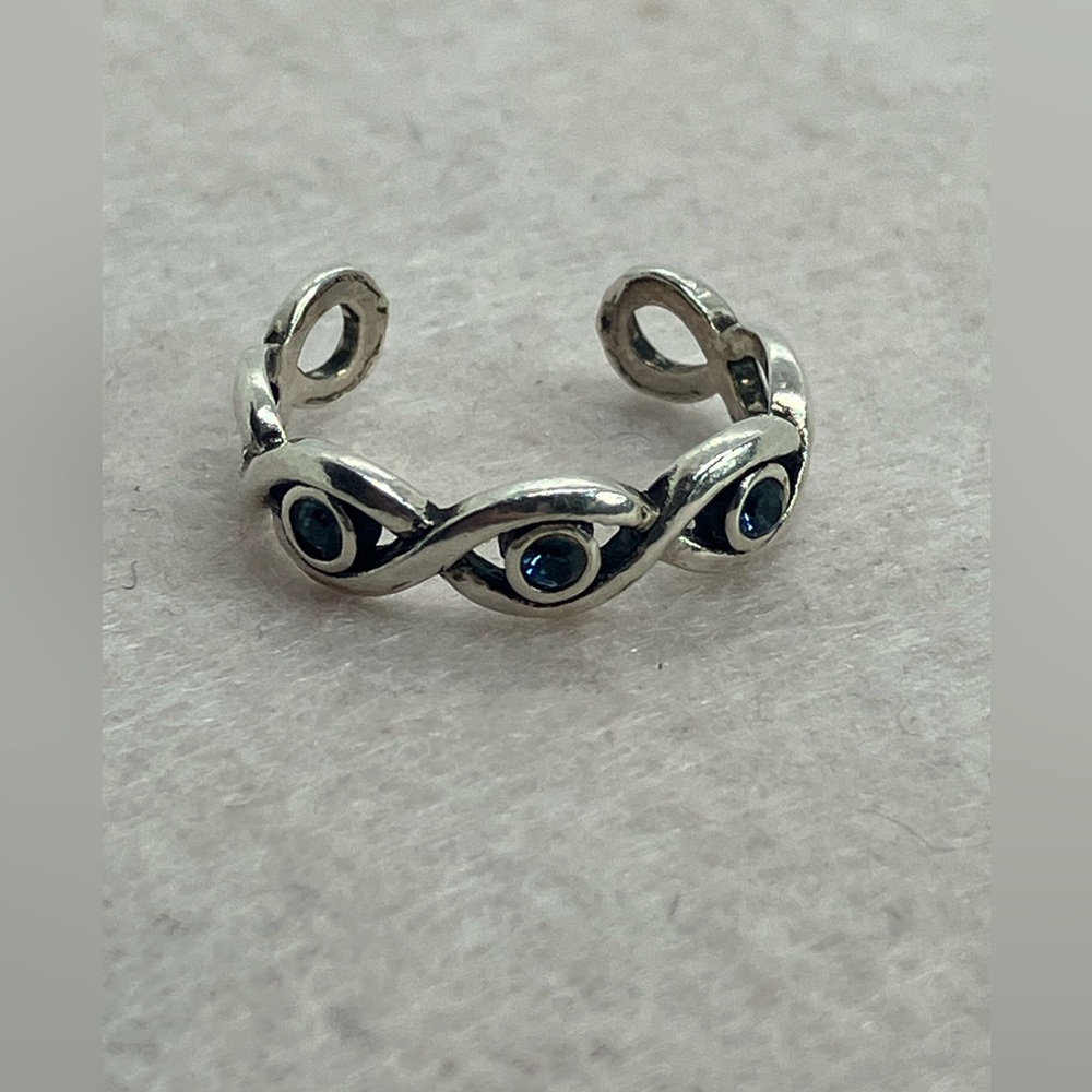 Vtg 925 Sterling Silver & Blue Stone Woven Twist Design Toe Ring | Adjustable